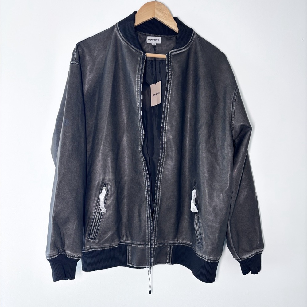 Superdown Revolve Ariel Black Faux Leather Zip Up Grunge Bomber Jacket Small NWT - Picture 2 of 8